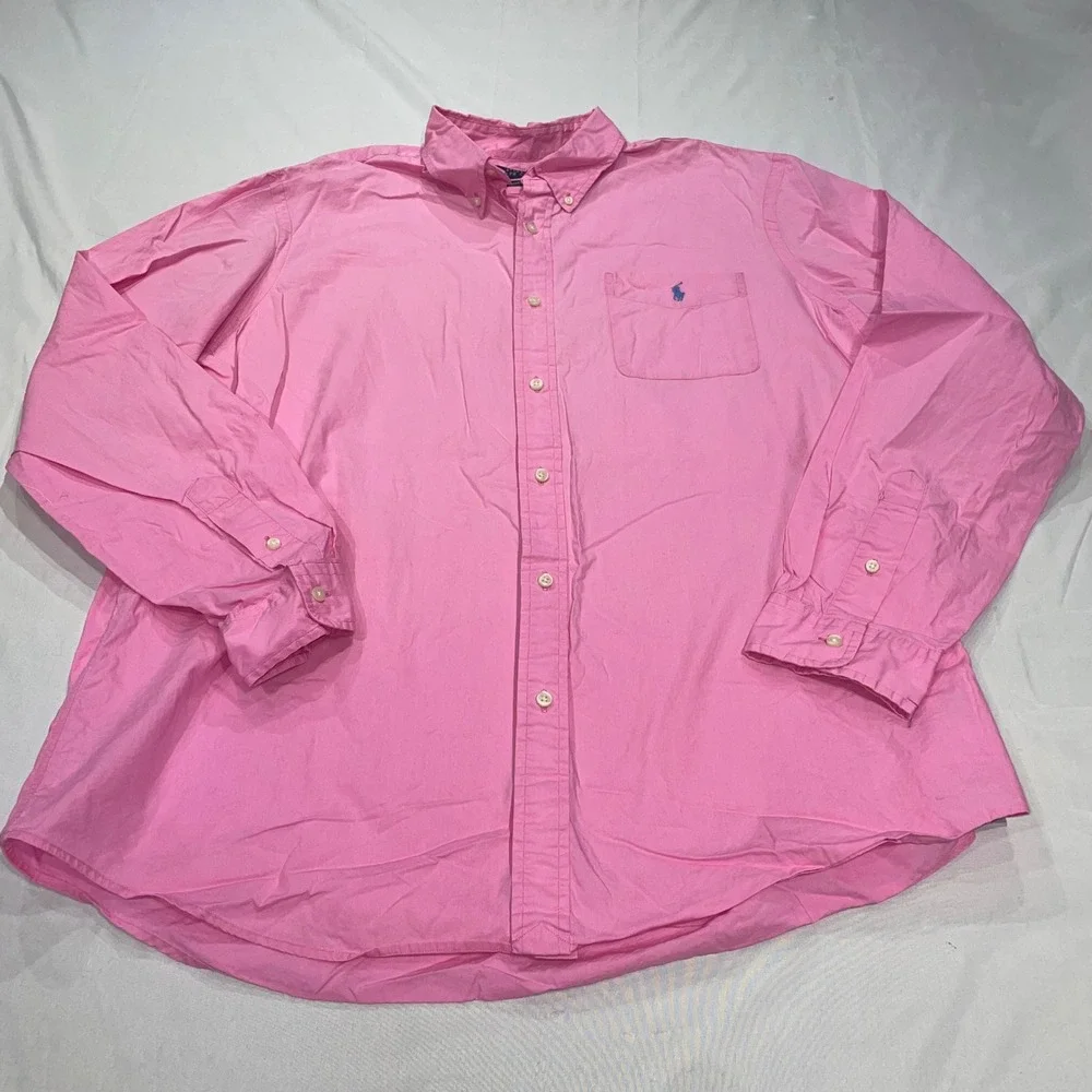 Polo Ralph Lauren Mens XXL Pink Classic Fit Cotton Button Down Shirt Blue Pony